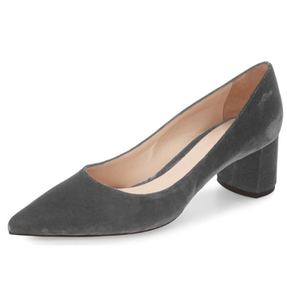 YDN Women Chunky Low Heel Pumps Pointy Toe Suede Slip On Classic Casual Grey